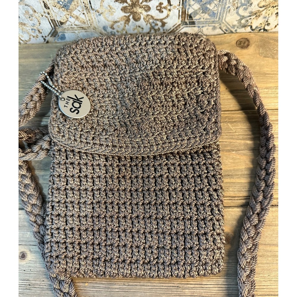 The Sak Crossbody Bag Crochet Travel Purse Small Taupe Excellent